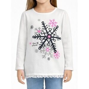 Jumping Beans Girls Sz 6 White Glitter Snowflake Long Sleeve Shirt Lace Hem Flaw